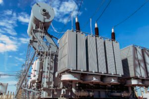 Large industrial power transformer for high voltage substation. Power engineering.
