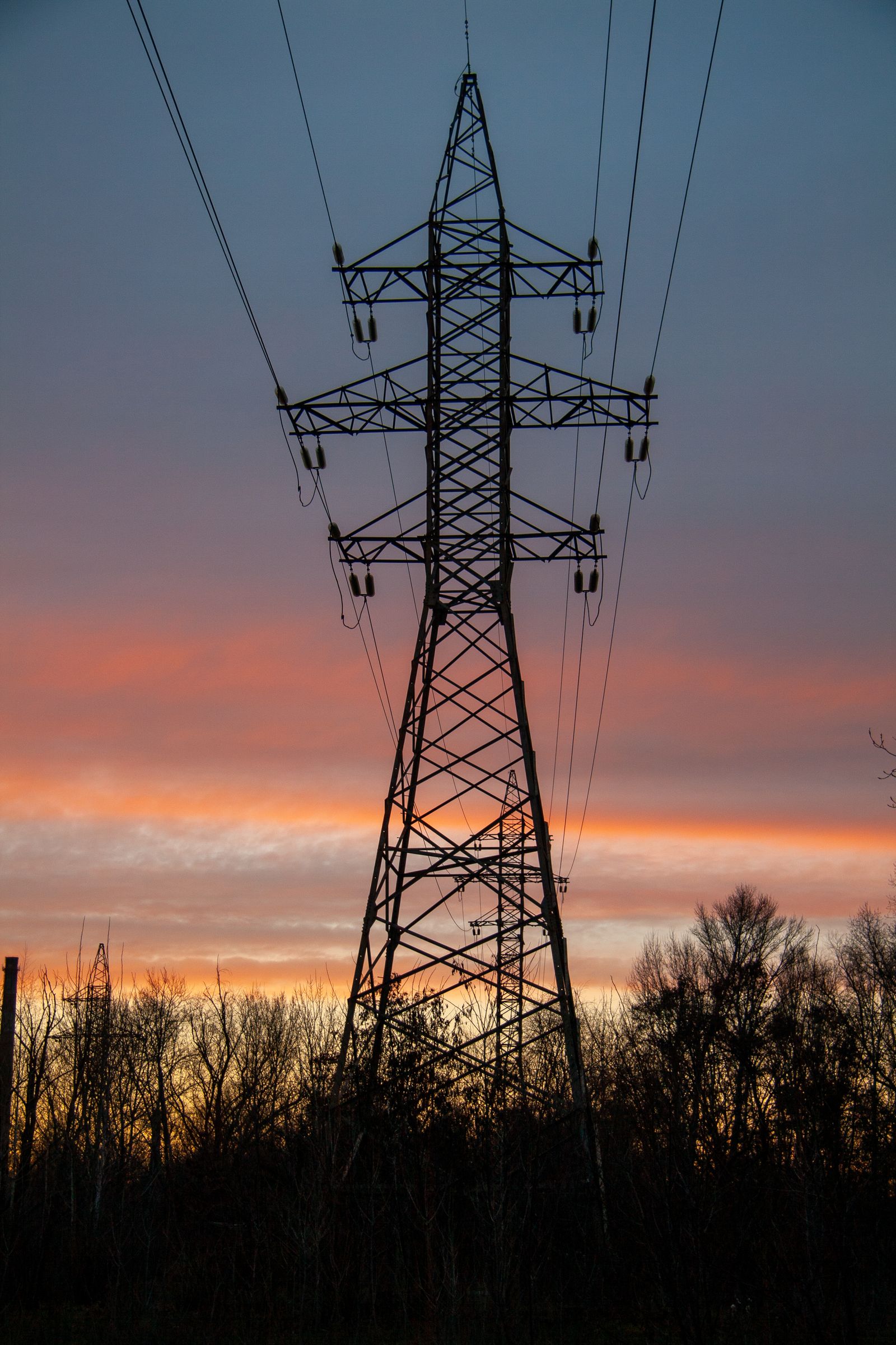 powerline tower at sunset with silhouetted trees
